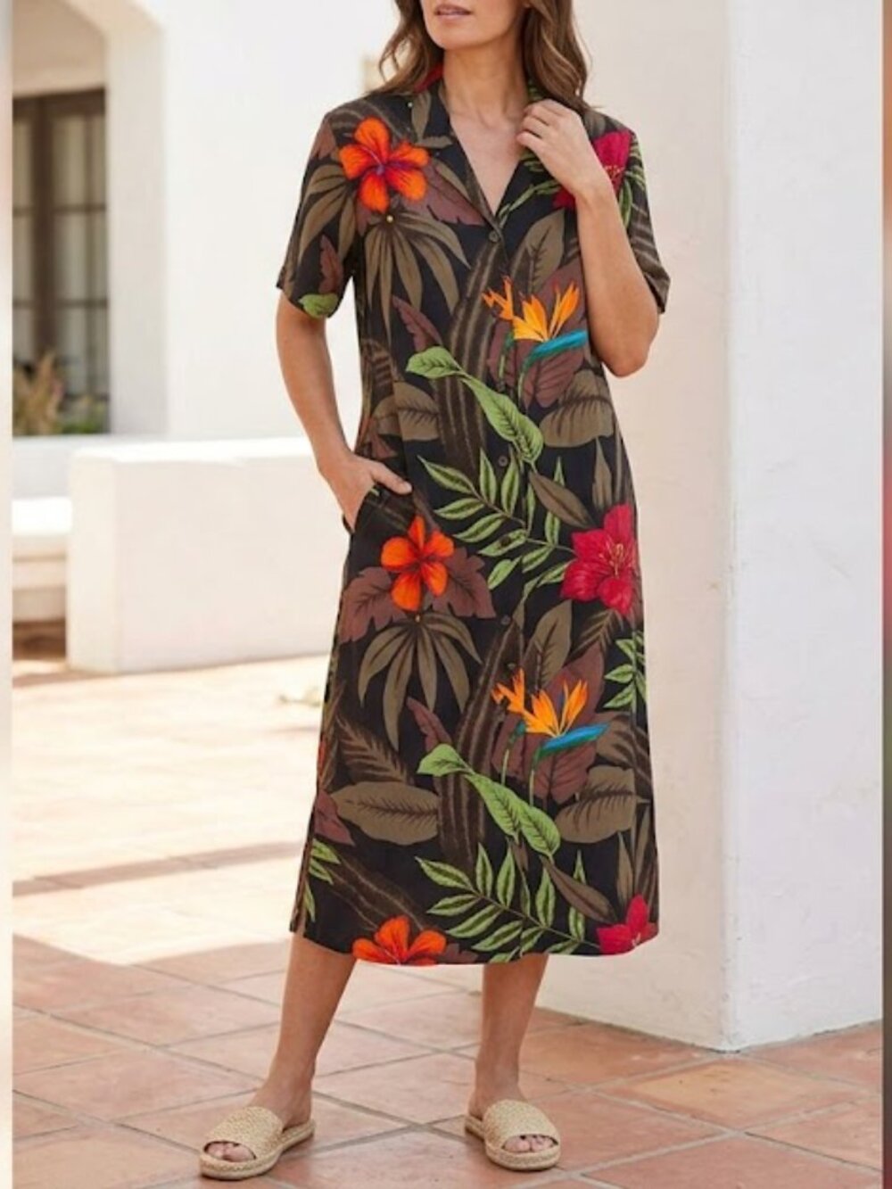 Cadaz Silk Tropical Floral Midi Shirt Dress NWT 12 Vintage Coastal Grandma